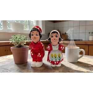 Japan Red Polka Dot Girl Kissing Salt & Pepper Shakers Hand‑Painted MCM